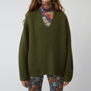 Acne Deborah Deep V-neck Sweater Khaki Green XXS
